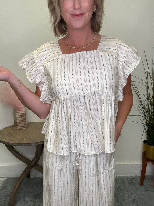 Pinstriped Floral Print Square Neck Top - Ella Chic Boutique