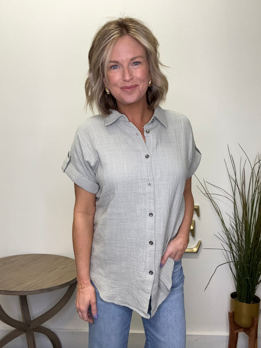 Roll Up Sleeve Button Down Gauze Shirt - Ella Chic Boutique