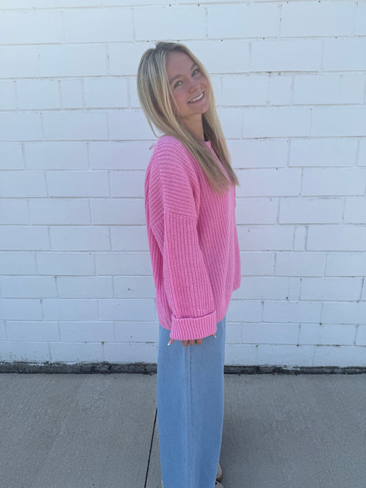 Hyfve pink bubblegum sweater oversized knit top wide sleeves cuffs long chest pocket