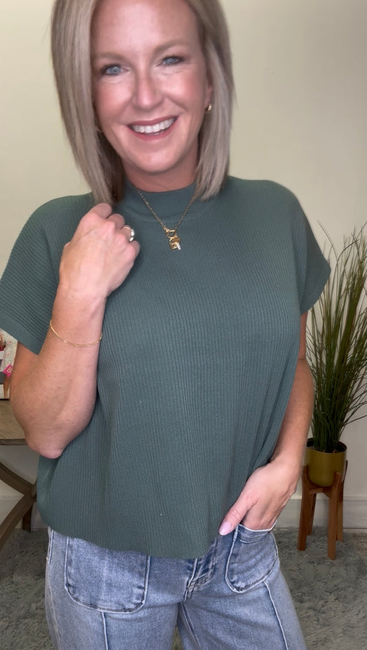 Mock Neck Short Sleeve Ribbed Boxy Sweater - Ash Jade