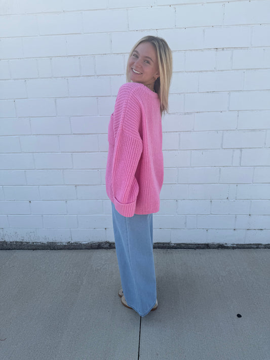 Hyfve pink bubblegum sweater oversized knit top wide sleeves cuffs long chest pocket