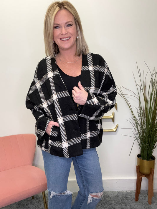 Oversized plaid black white cardigan button front pockets hyfve double zero boutique