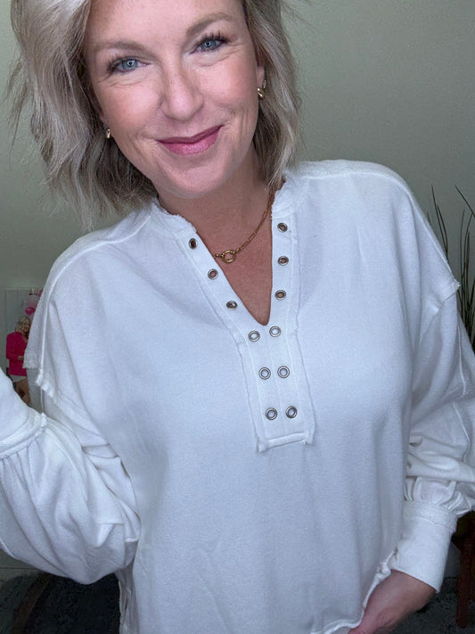 Grommet Detail Pullover Sweatshirt in White