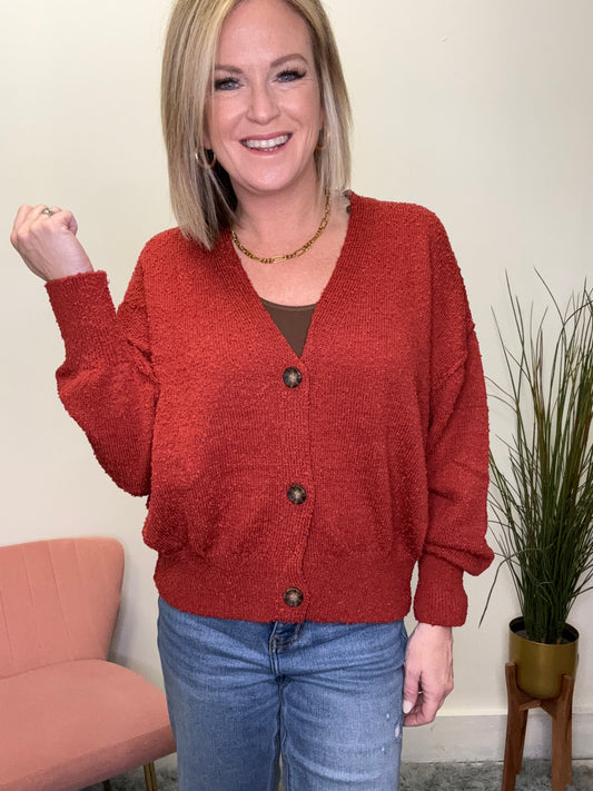 Brick red redwood button front cardigan sweater dolman sleeve hyfve double zero