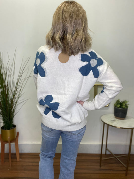 Flower Festival Sweater Top - White - Ella Chic Boutique