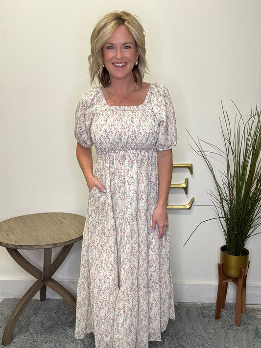 Indy Maxi Dress in Seaglass Blossom Mikarose smocked bust square neck pockets floral print