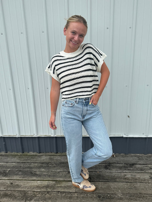Cropped Crochet Striped Sweater