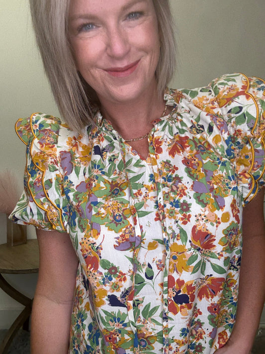 Floral Print Ruffled Tie Neck Top - Ella Chic Boutique