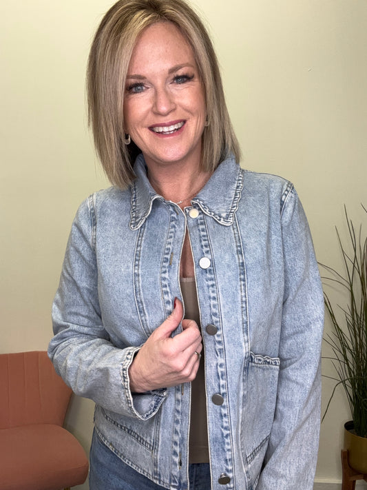 Lightweight Denim Jacket With Scallop Details - Ella Chic Boutique