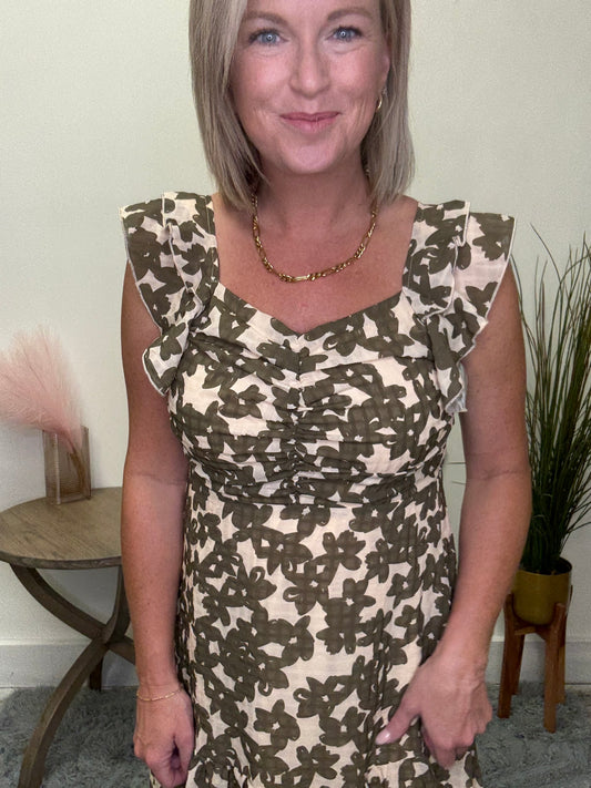 Mikarose Carrie dress in mossy florals olive cream yellow midi maxi