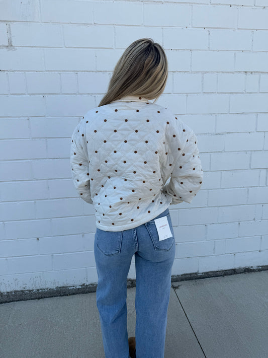Hyfve double zero jacket coat white brown polka dot embroidered pockets zip front