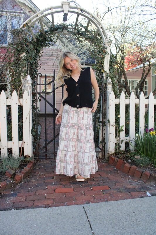 Tiered Boho Patchwork Skirt in Pink