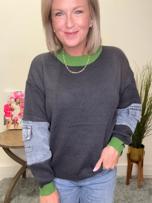 Charcoal Gray Denim Patch Sleeve Sweater Top