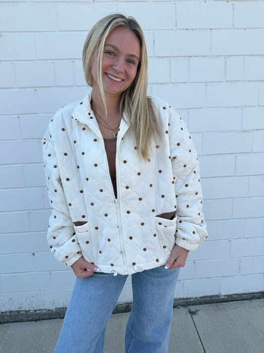 Hyfve double zero jacket coat white brown polka dot embroidered pockets zip front