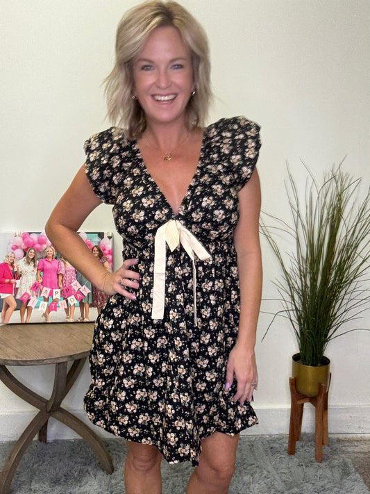 Deep V-neck Mini Dress With Bubble Sleeve And Hem