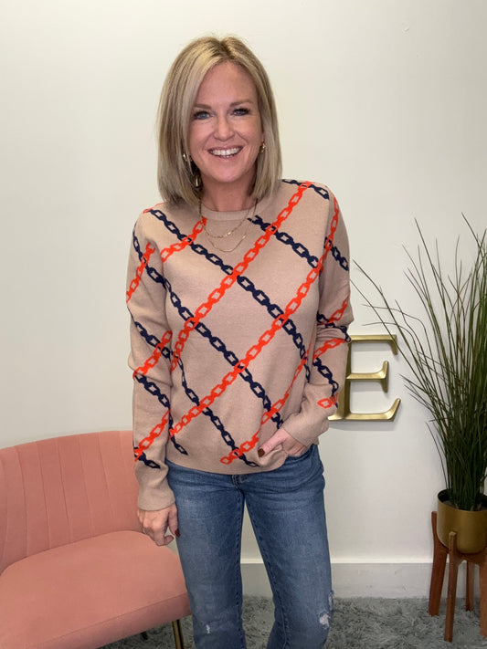 Chain Print Sweater orange navy tan thml soft high quality sale