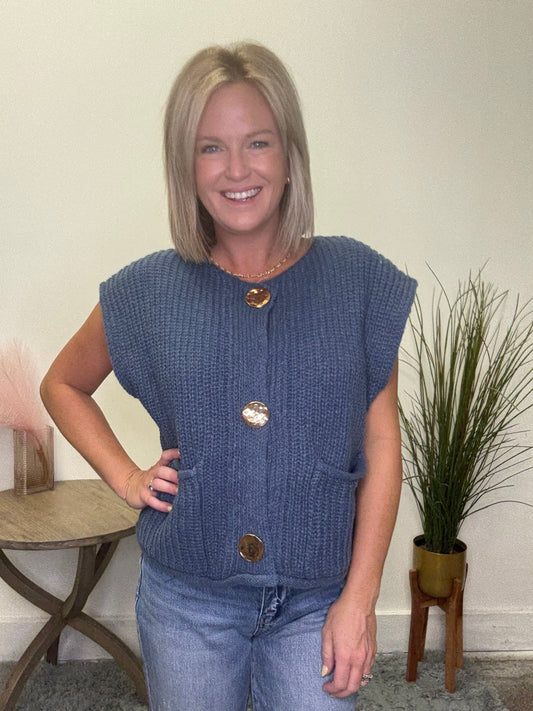 Big Metal Button Front Sweater Vest