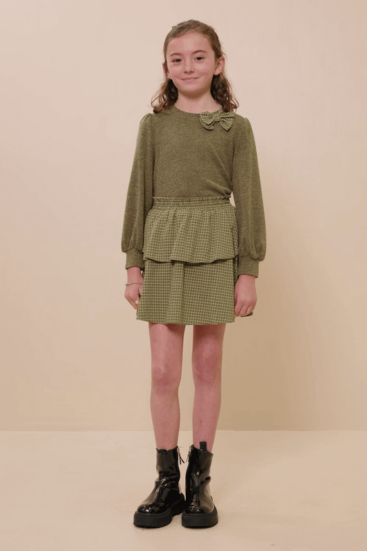 Girls Contrast Plaid Bow Textured Knit Top