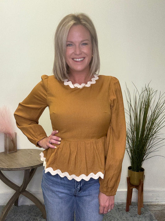 Wavy Twill Trimmed Baby Doll Top - Ella Chic Boutique