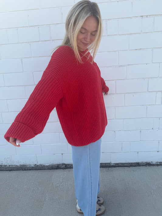 Hyfve double zero red knit oversized sweater cuffs long length chest pocket