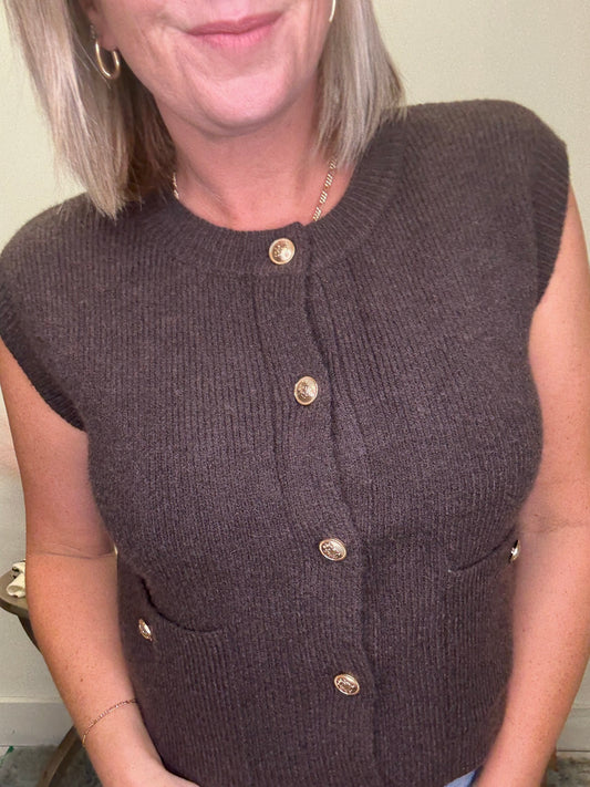 Gold Button Sleeveless Knit Vest Top