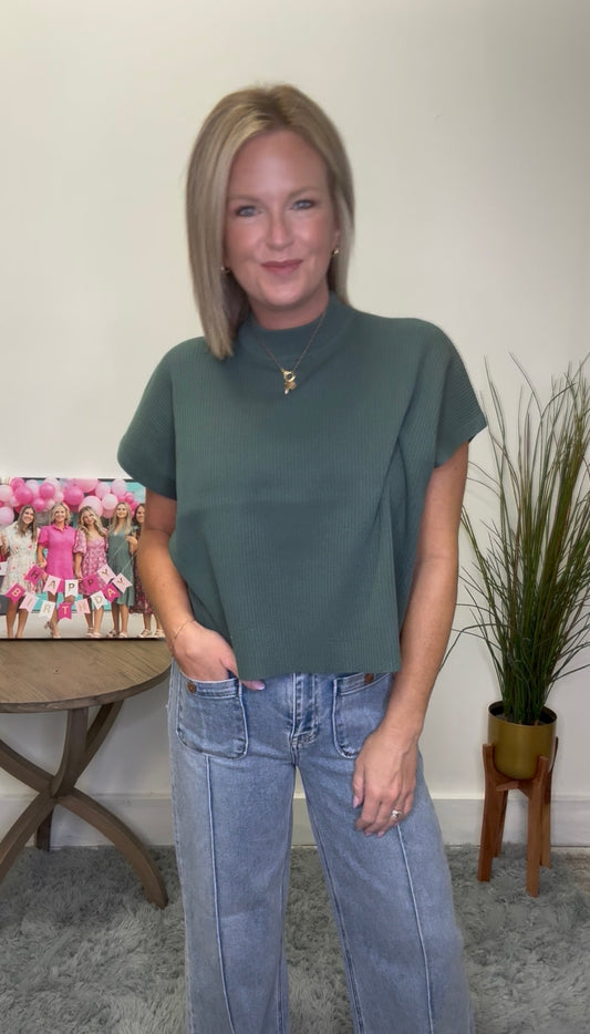 Mock Neck Short Sleeve Ribbed Boxy Sweater - Ash Jade