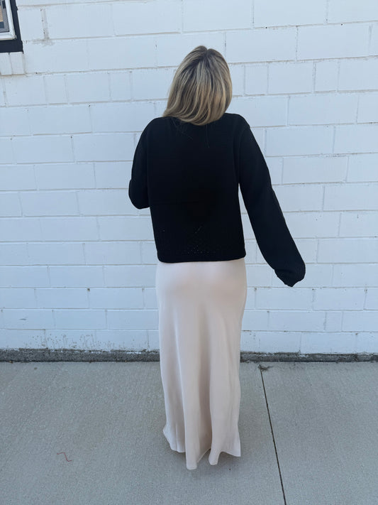 Champagne color satin maxi skirt stretchy waist tiny bow detail long length pull on Hyfve double zero