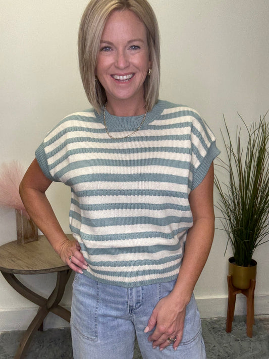 Polagram Baevely Seafoam striped short sleeve knit sweater top