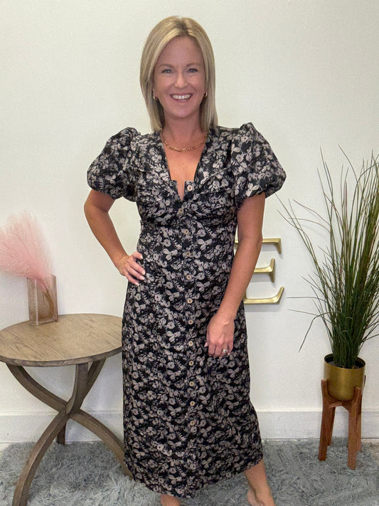 Midi Wanda dress Mikarose black floral ruched bust puff sleeve fitted flattering fall 2025 button front v-neck nursing friendly