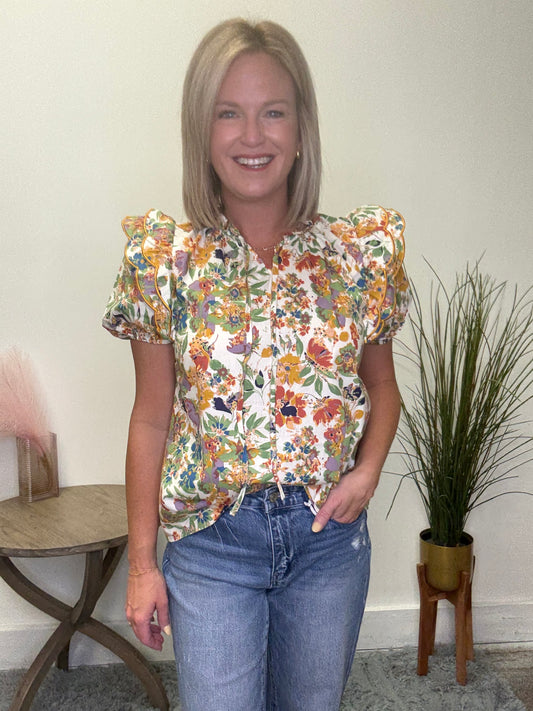 Floral Print Ruffled Tie Neck Top - Ella Chic Boutique