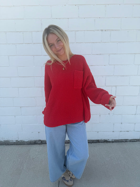 Hyfve double zero red knit oversized sweater cuffs long length chest pocket