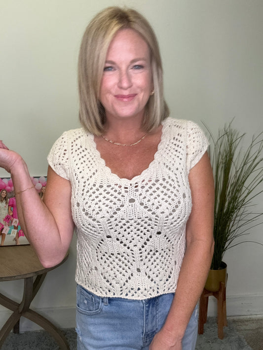 by together cream cotton knit crochet open sweater v-neck top ivory scallop boutique Roanoke, IN