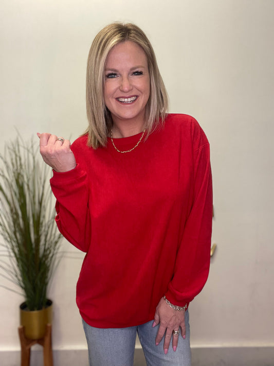 Red Corded Velvet Pullover Top - Ella Chic Boutique