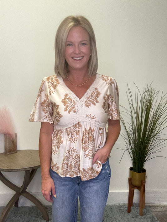 Textured Print Lace Detailed V-Neck Top - Ella Chic Boutique