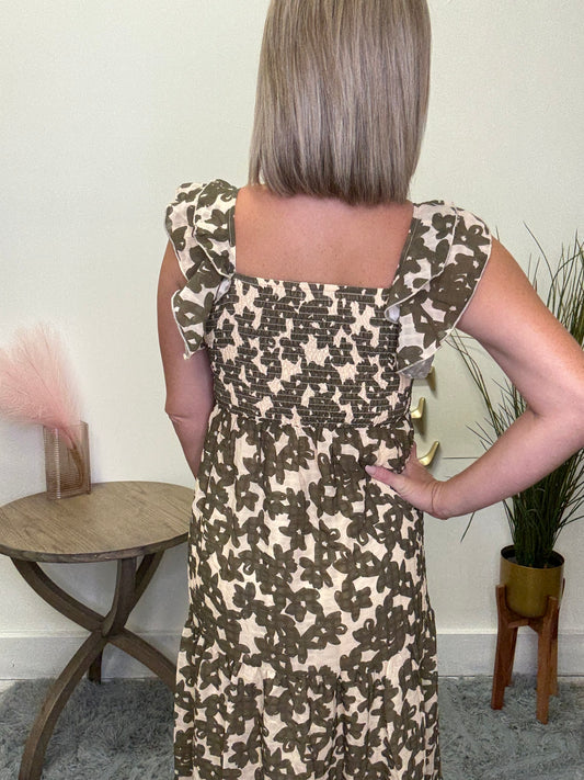 Mikarose Carrie dress in mossy florals olive cream yellow midi maxi