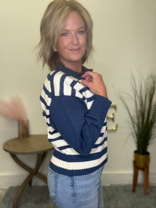 Solid and Stripes Collar Sweater - Ella Chic Boutique