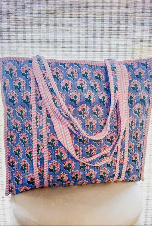 Sybil Blue and Pink Floral Tote Bag