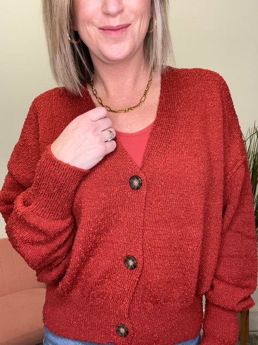 Brick red redwood button front cardigan sweater dolman sleeve hyfve double zero