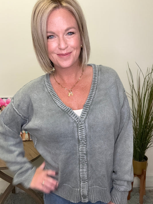 Olive Washed Sweater V-Neck Cardigan