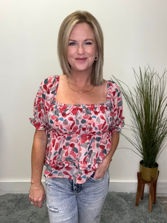 Cherry Red Smocked Ruffle Sleeve Top