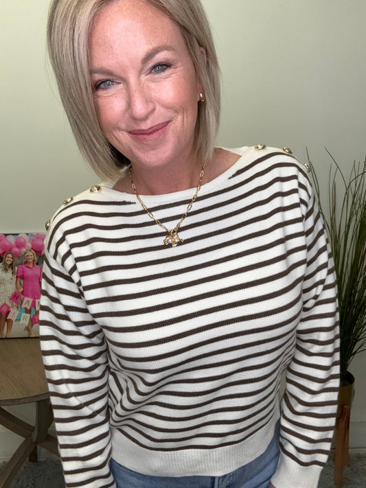Buttoned Shoulder Stripes Sweater Top in Brown