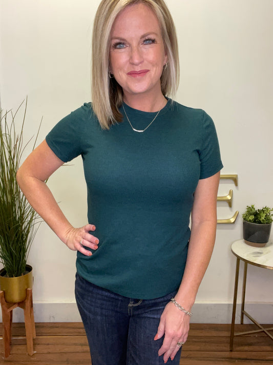 Must Have Ribbed Tee In Forest Green - Ella Chic Boutique