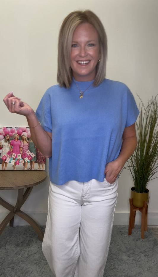 Mock Neck Short Sleeve Ribbed Boxy Sweater Blue zenana top shirt fall Ella Chic Boutique Roanoke cropped