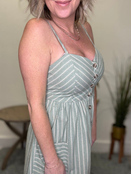 hem and thread sage midi tank dress linen button front pockets boutique pinstripes