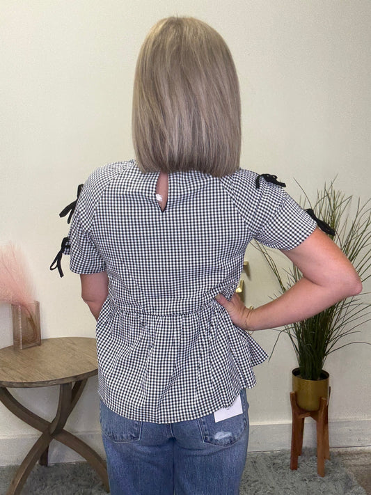 Contrast Ribbon Gingham Babydoll Top - Ella Chic Boutique