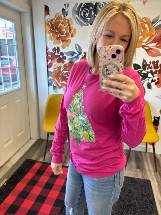 Branded cotton magenta long sleeve graphic tee t-shirt christmas holiday tree big ornaments gorgeous 
