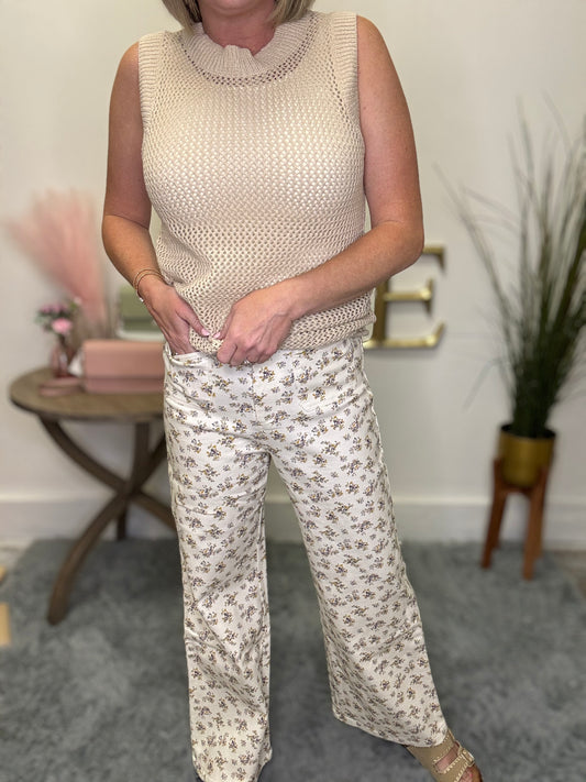 Ditsy Floral Print Front Pocket Stretch Wide Leg Jeans