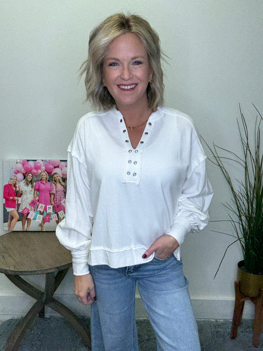 Grommet Detail Pullover Sweatshirt in White