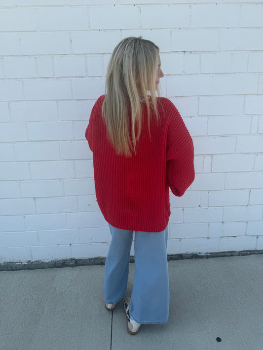 Hyfve double zero red knit oversized sweater cuffs long length chest pocket