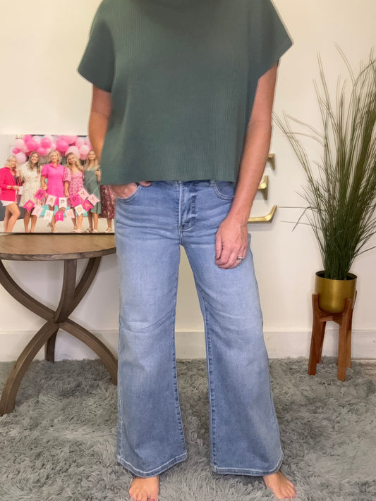 High Rise Tummy Control Cropped Wide Leg Jeans With Bow Waistband Risen Jeans light wash 27 in inseam